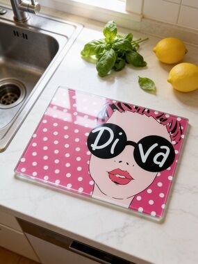 Cutting Board True Living Essentials glass DIVA serving tray pink white dots
